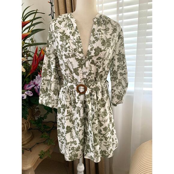 Zara V-neck Embroidered Eyelet Belted Mini Dress in White Green Floral - Picture 7 of 16